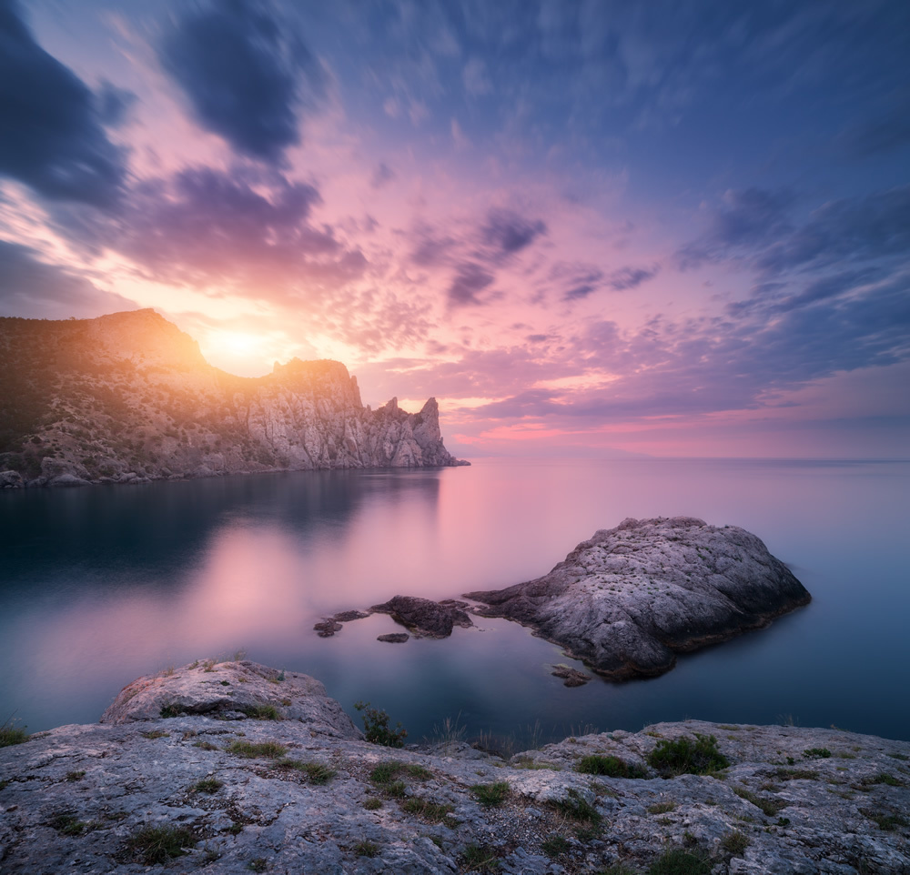Sunset Rock Ocean Wallpaper Wall Mural