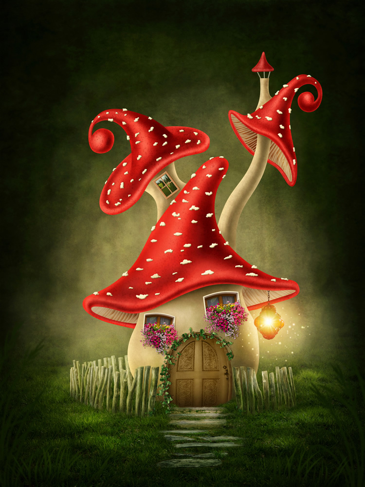 Red Toadstool Fairy Tail House Wallpaper Wall Mural
