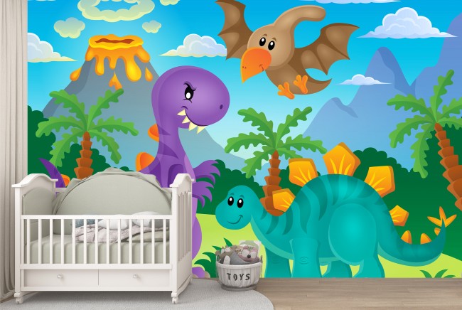 Cute Dinosaurs Volcano Kids Wallpaper Wall Mural
