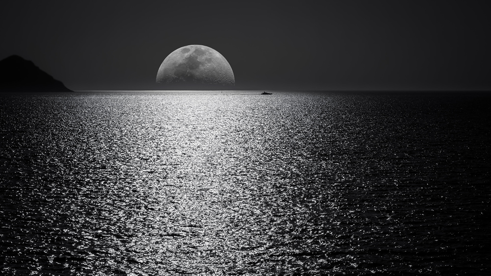 Black White Ocean Moon Wallpaper Wall Mural