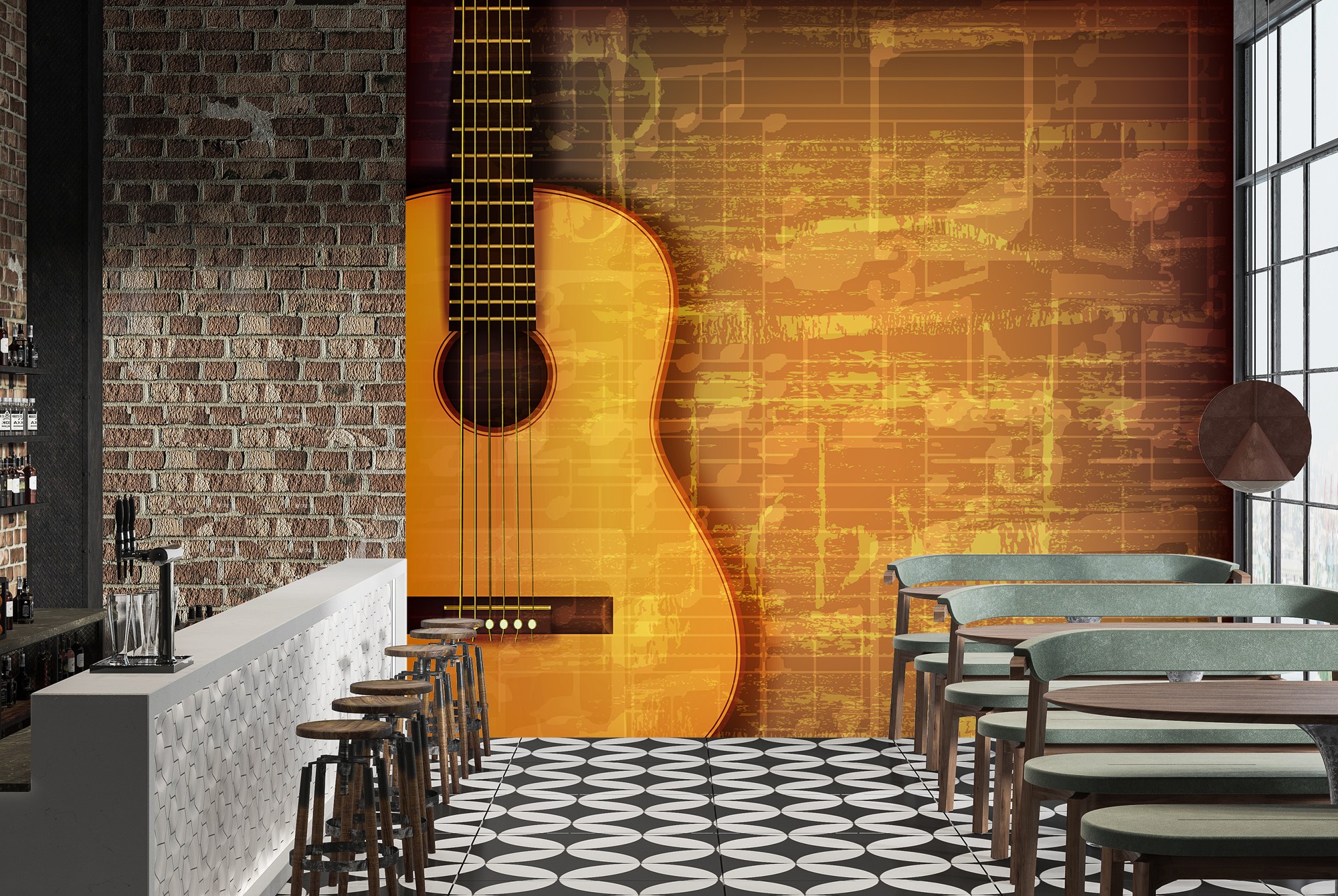 Guitar & Music Sheet Wall Mural Vintage Music Wallpaper Bedroom Photo