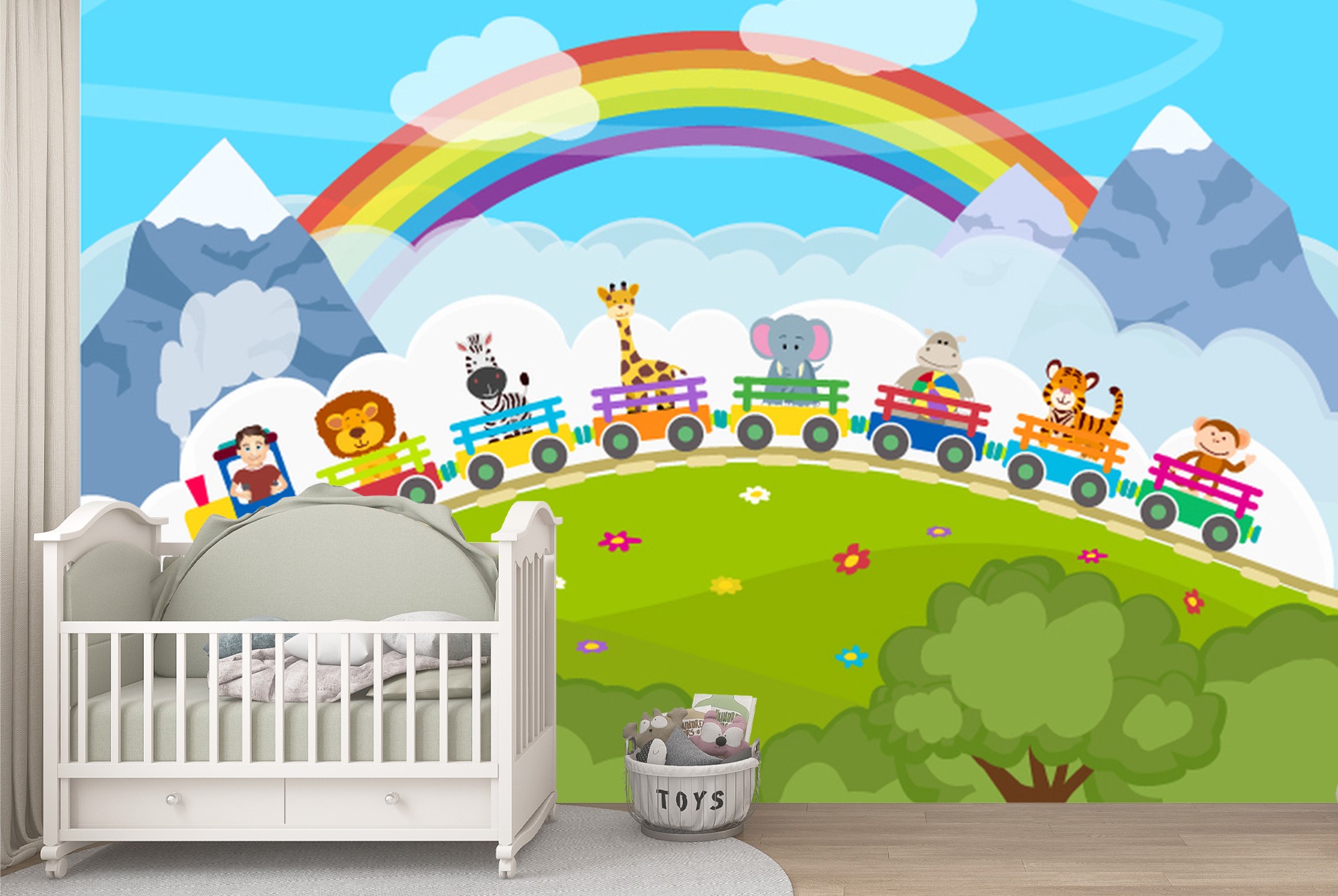 Animal Rainbow Train Wallpaper Wall Mural, image size:2000x1340