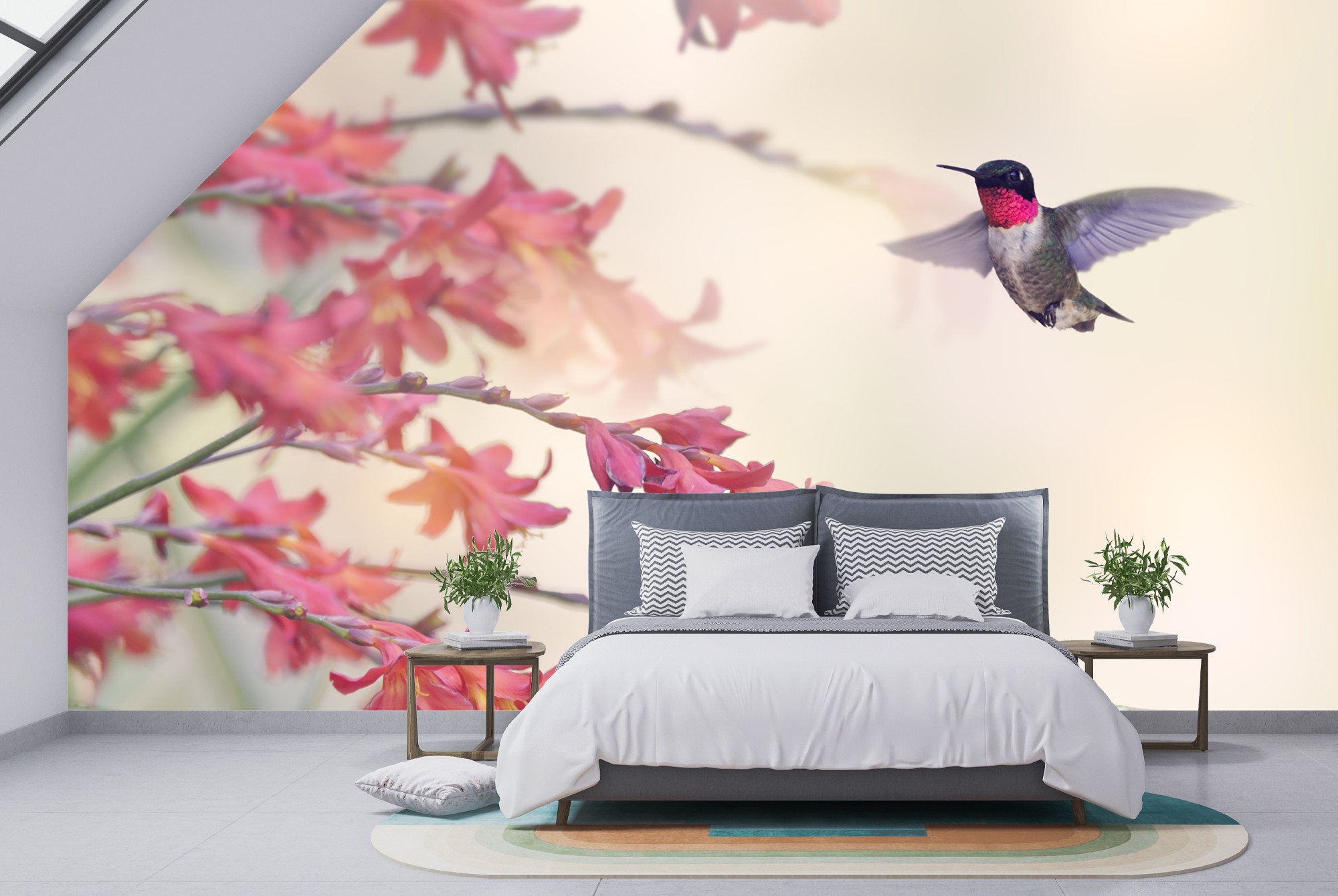 Pink Flower Hummingbird Wallpaper Wall Mural