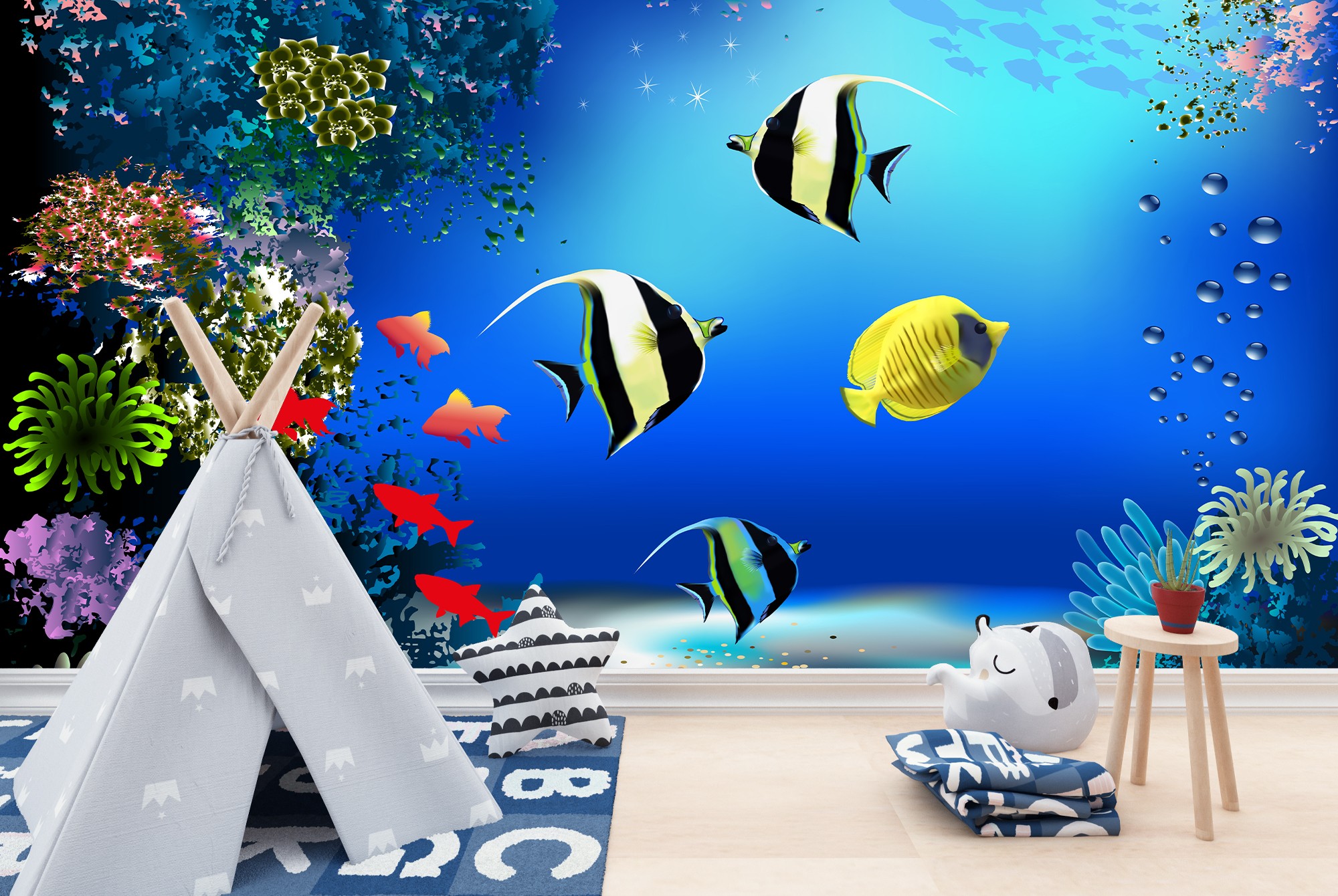 Coral Reef Fish In Blue Ocean Wallpaper Wall Mural