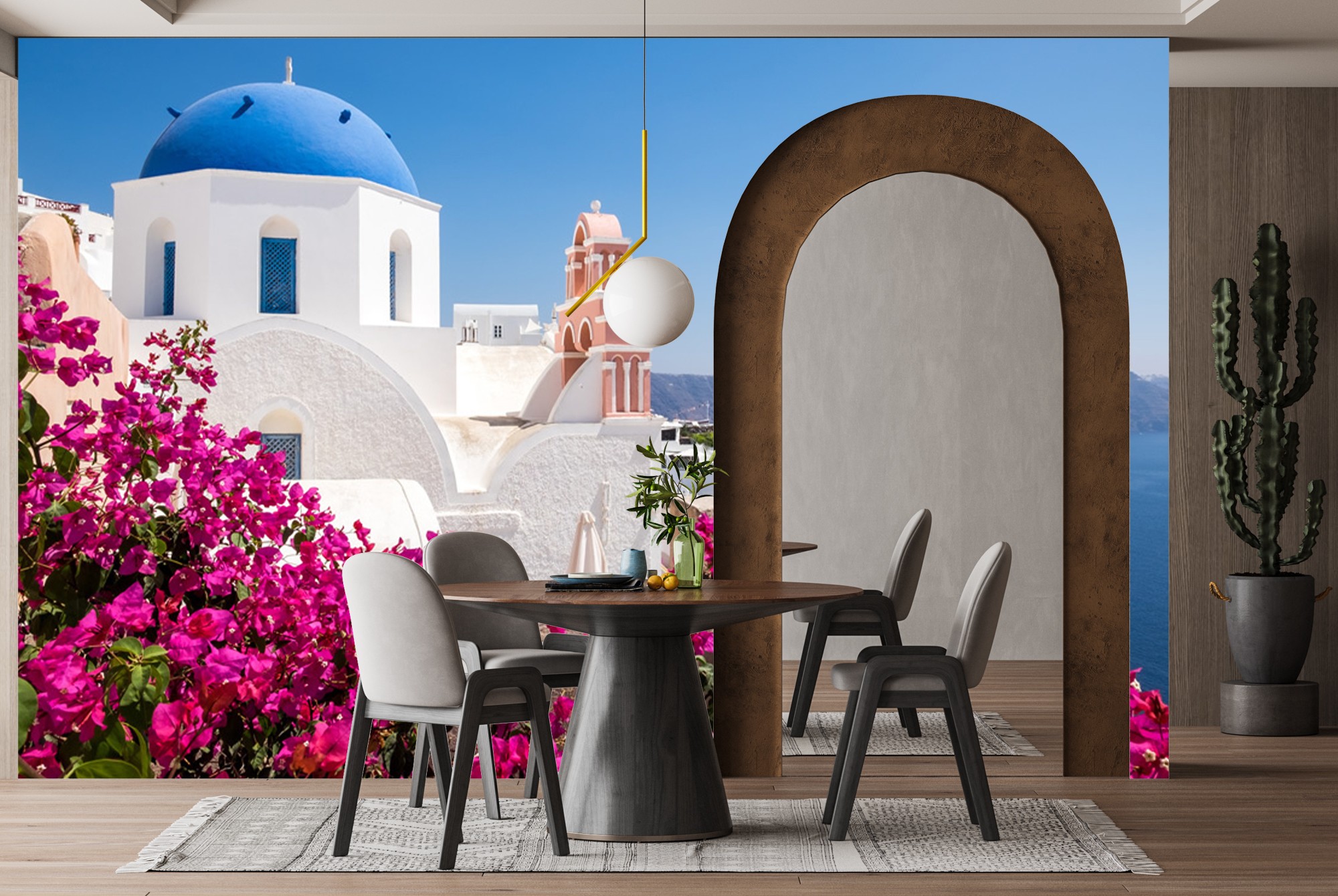 Beautiful Greece Pink Flowers Ocean Wallpaper Wall Mural